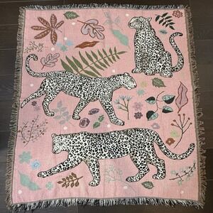 Leopard Pink Woven Throw Blanket Fringe Botanical Jungle 53x47 Tapestry